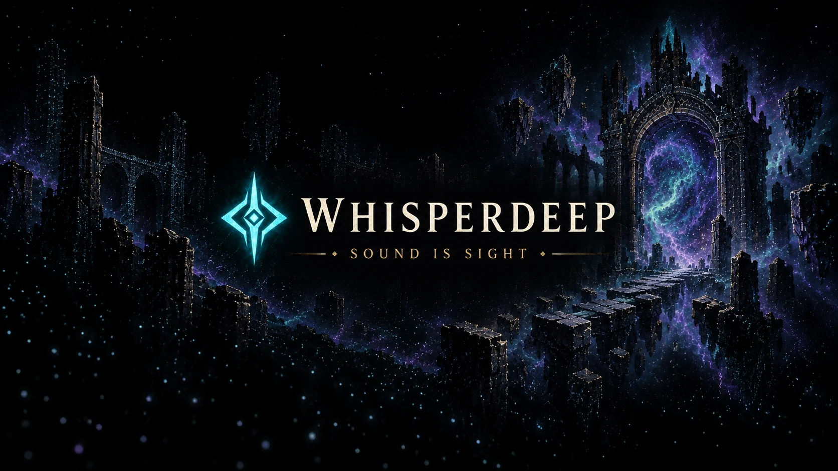 Whisperdeep. An illustrated stone path leads through darkness to a cyan and violet portal.